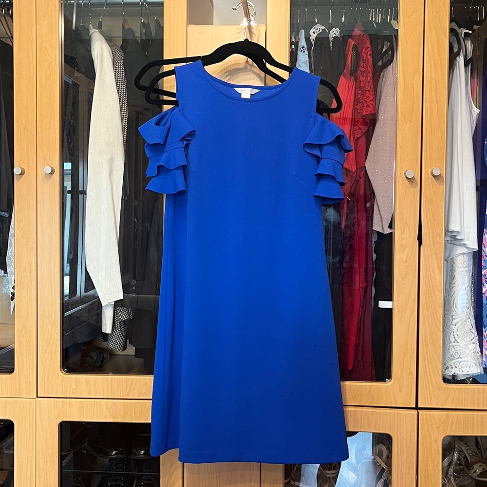 London Times Cold Shoulder Ruffle  Royal Blue Dress size 6